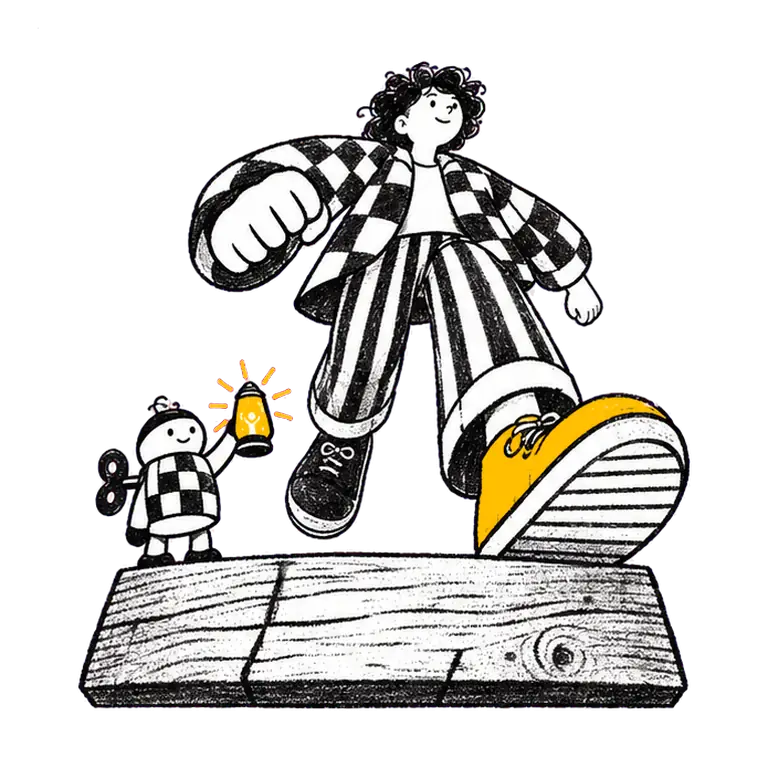 A curly-haired student in a checked jacket strides on a wooden block beside a small wind-up toy holding a lantern.