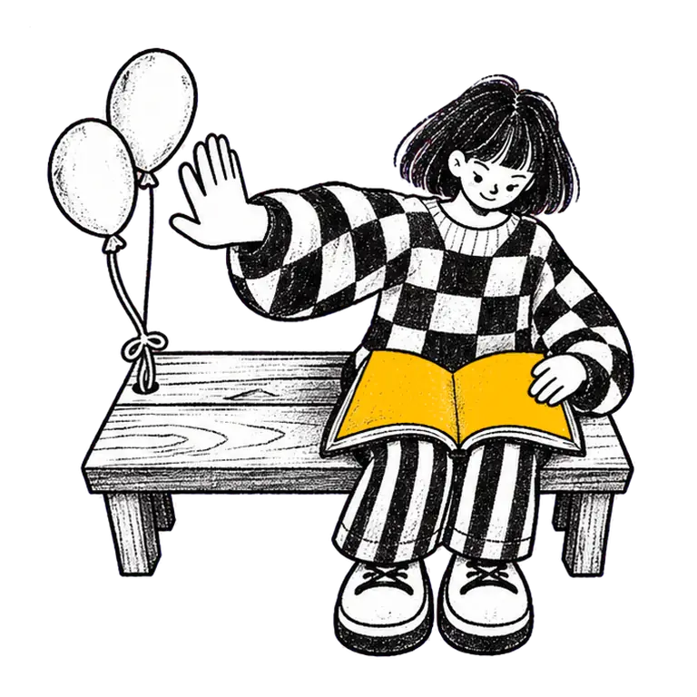 A young woman in a checked jumper sits on a bench with an open book, waving her hand away from two balloons beside her.