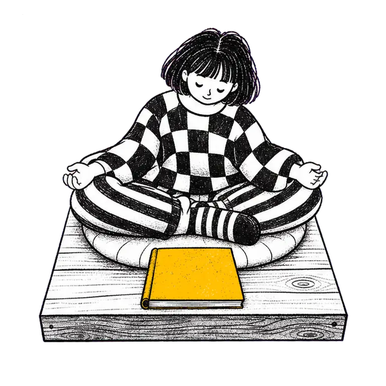 A student in a checked sweater sits cross-legged on a cushion, calmly lifting the cover of a notebook in front of her.