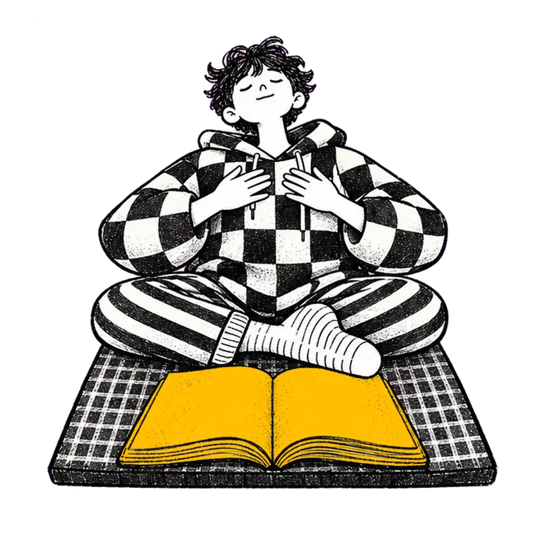 A teenager in a checked hoodie sits cross-legged on a mat, breathing calmly, then leans forward to an open book.