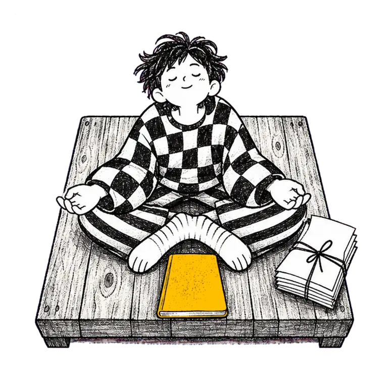 A boy sits cross-legged on a wooden platform, breathes calmly, then lifts and opens a notebook beside a tied stack of papers.