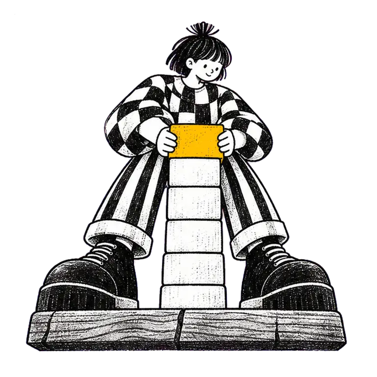 A student in a checked jacket lifts a single block off the top of a neat stack of white blocks and sets it back down.