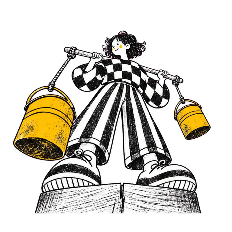 A smiling student in a checked jumper rocks a shoulder yoke with two yellow pails while standing on a wooden block.