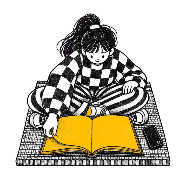 A teenage girl in a checked sweater sits on a mat turning the pages of a large open book, her phone face down beside her.