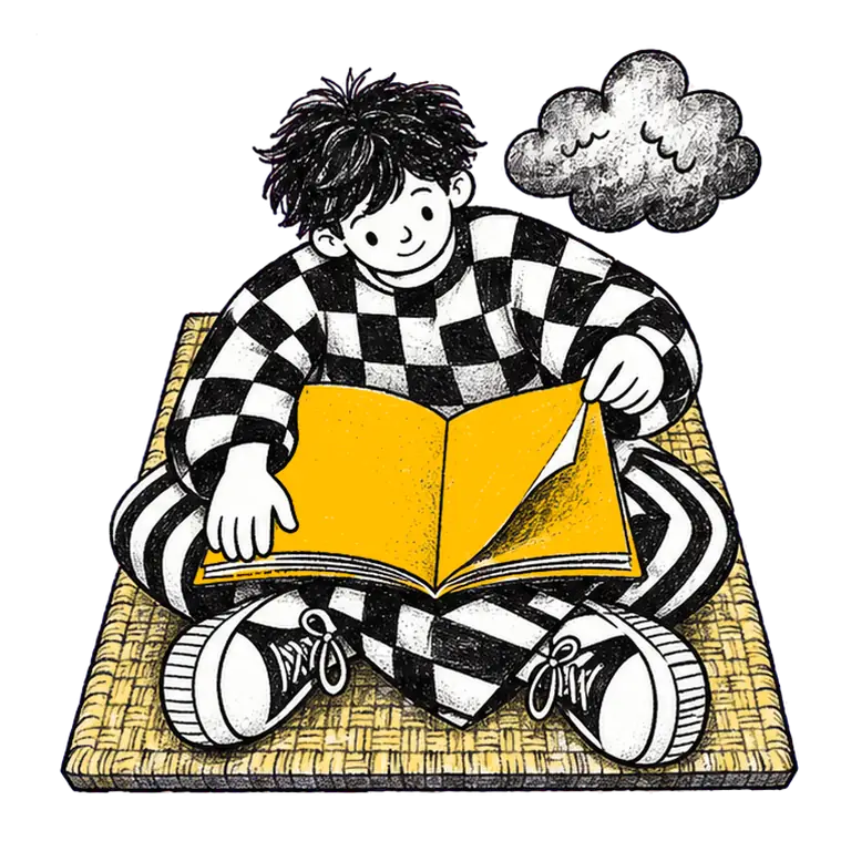 A boy in a checked sweater sits cross-legged on a woven mat turning pages of a big open book, a small cloud beside him.
