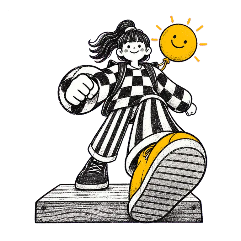 A smiling teenage girl in a checked jumper and backpack walks toward the viewer, a smiling sun balloon above her shoulder.