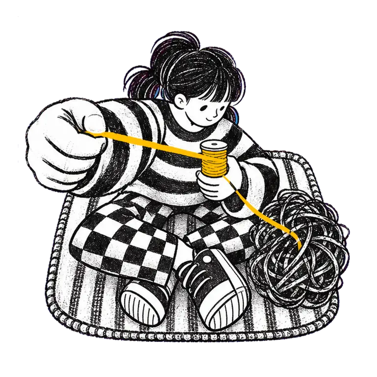 Teenage girl in a striped sweater sits cross-legged on a mat, winding yarn from a big tangle onto a spool.