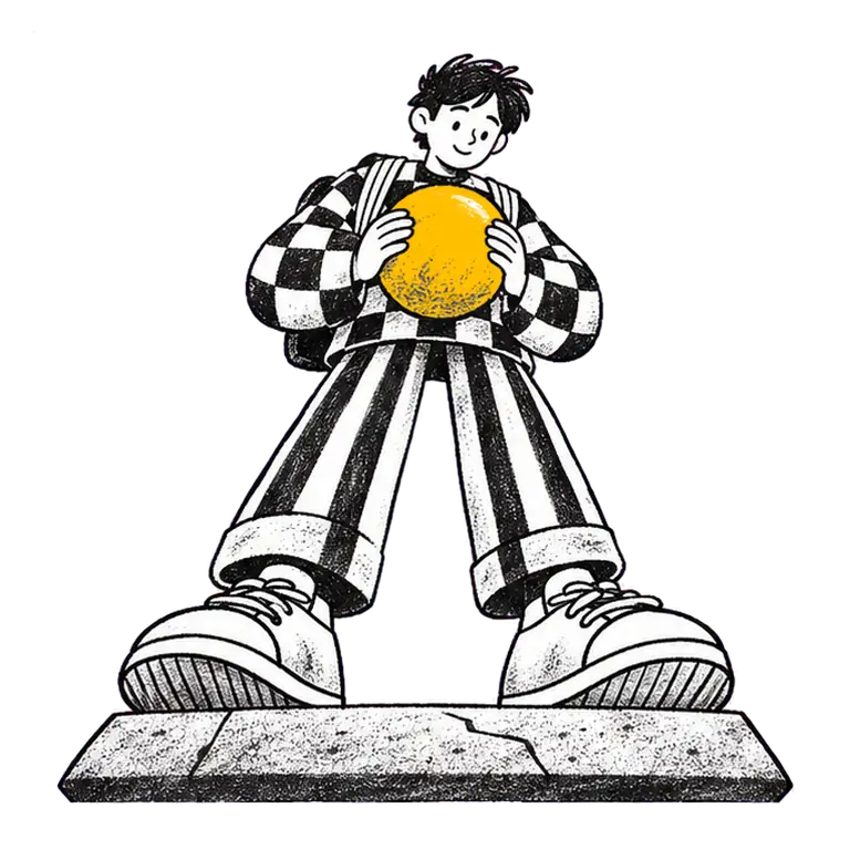 A teenager in a checked sweater and backpack bounces a yellow ball on a stone slab and catches it again.