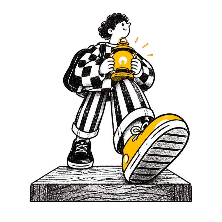 A teenager in a checked jacket and striped trousers walks forward on a wooden block, holding a glowing lantern.
