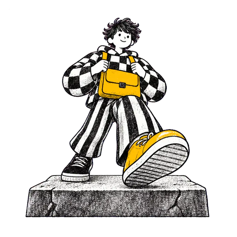 A teenage boy in a checked hoodie and striped trousers walks in place on a stone step, holding a satchel on his belly.