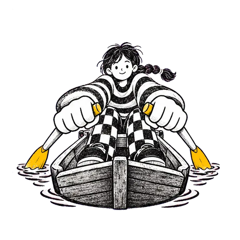 A teenage girl in a striped sweater sits in a small wooden rowing boat, rowing steadily with both oars.