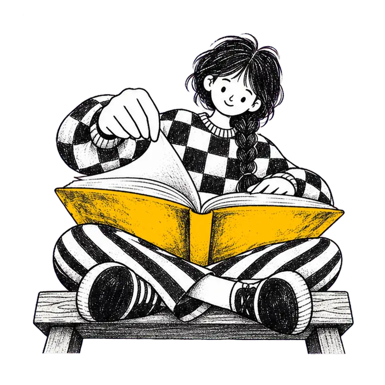 A smiling teenage girl in a checked sweater sits cross-legged on a wooden bench, turning the pages of a big yellow book.