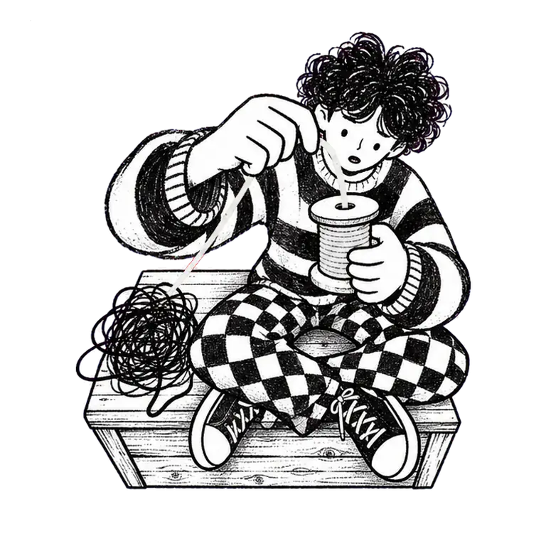 A curly-haired teen in a striped sweater sits on a wooden crate, winding thread from a tangle onto a spool.