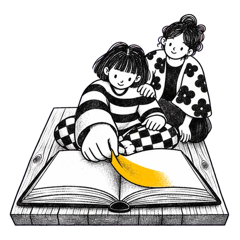 A girl sitting cross-legged turns a page of a big open book while her mother kneels beside her, hand on her shoulder.