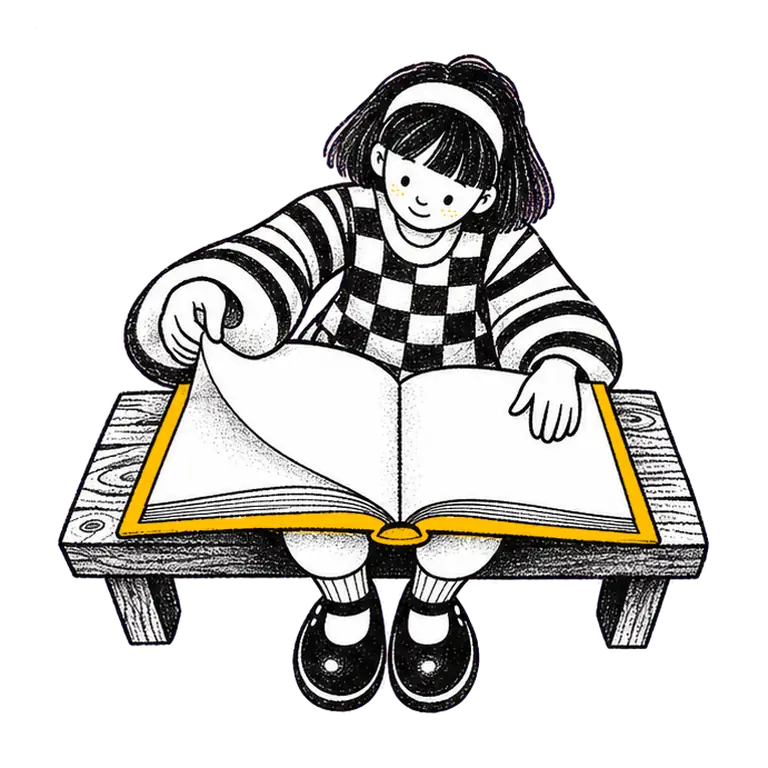 A girl in a checked pinafore sits on a wooden bench, turning the pages of a large open book on her lap.