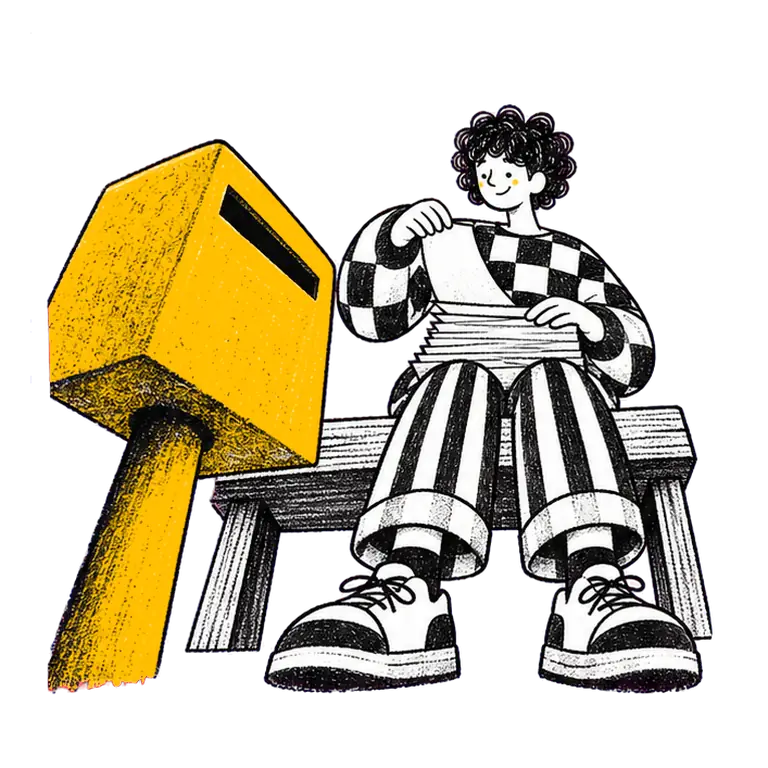 A student in a checked jumper sits on a bench, taking pages from a stack on their lap and posting them into a drop box.