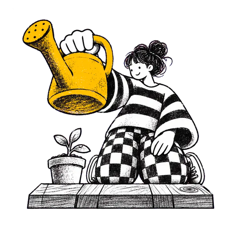 A calm woman in a striped sweater kneels on a wooden deck, watering a small sprout in a pot with a watering can.