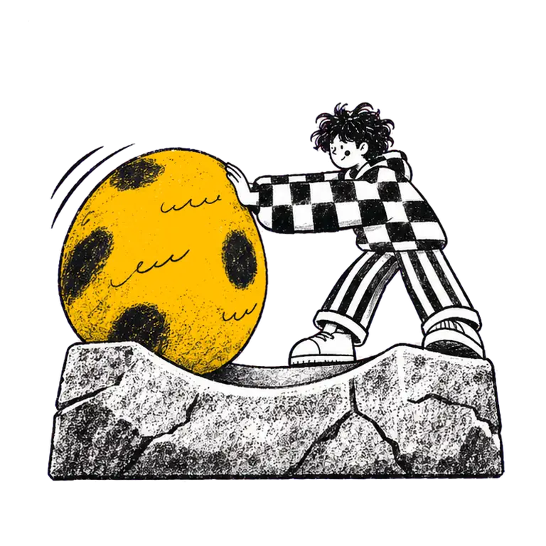 A student in a checked hoodie rocks a large round boulder back and forth in a hollow on a stone slab.