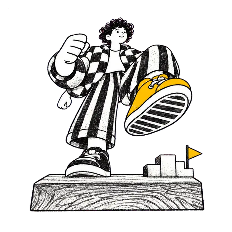 A student in a checked jacket and striped trousers marches in place on a wooden block beside a tiny podium with a flag.