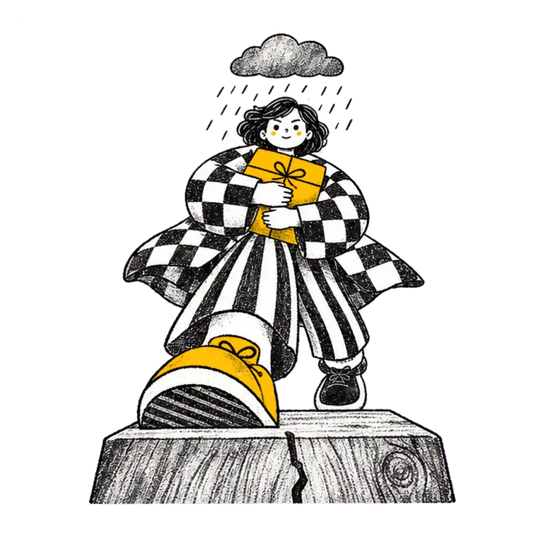 A woman in a checked coat walks in place on a wooden block under a small rain cloud, hugging a wrapped parcel.
