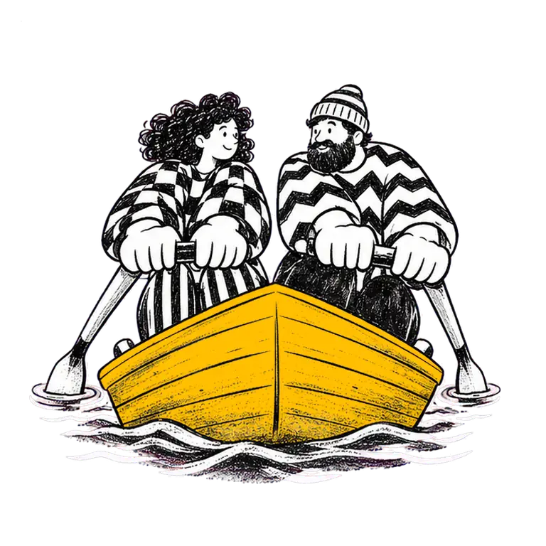 Two smiling rowers in patterned clothes pull their oars together in one wooden boat on rippling water.