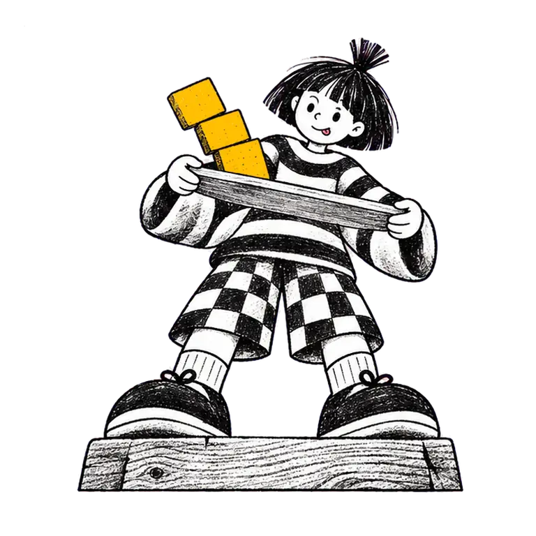 A child in a striped jumper stands on a wooden block, balancing a swaying tower of three blocks on a tray.