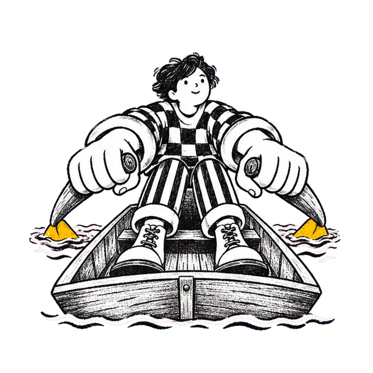 A student in a checked jumper sits alone in a small wooden boat, rowing steadily with two oars.