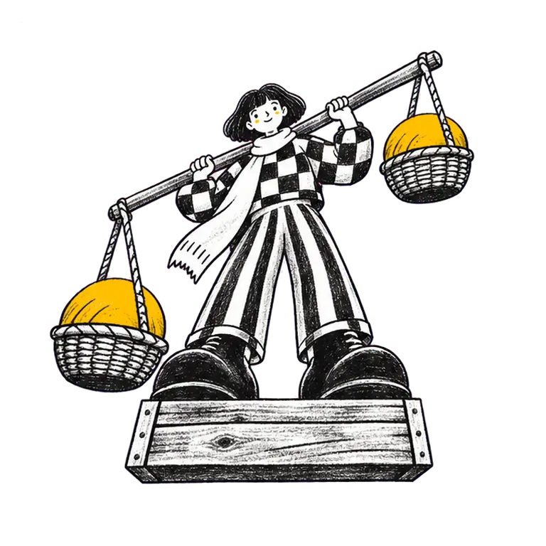 A calm woman on a crate balances a yoke with two equal baskets, rocking gently side to side.
