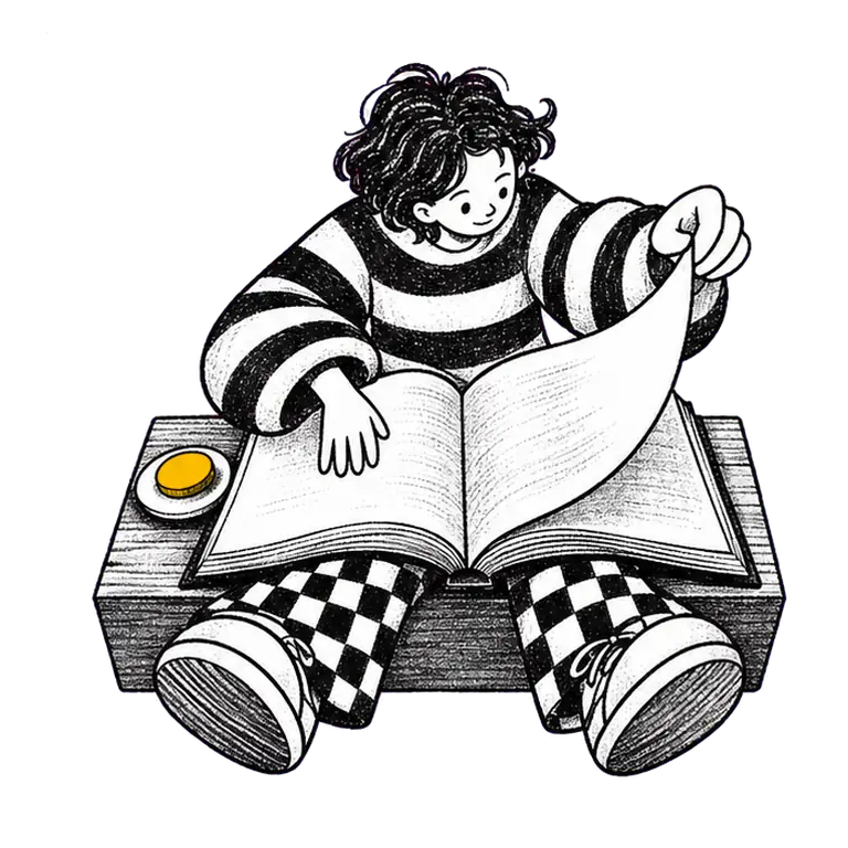 A student in a striped jumper sits cross-legged on a wooden bench turning pages of a huge book, a coin on a dish beside her.