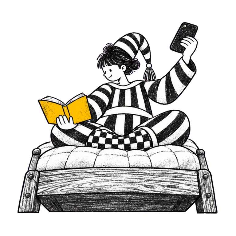 A person in striped pyjamas and a nightcap sits cross-legged on a bed, raising and lowering a book and a phone like scales.