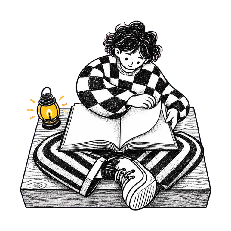A student sits cross-legged on a wooden block, turning the pages of a big open book beside a small glowing lantern.