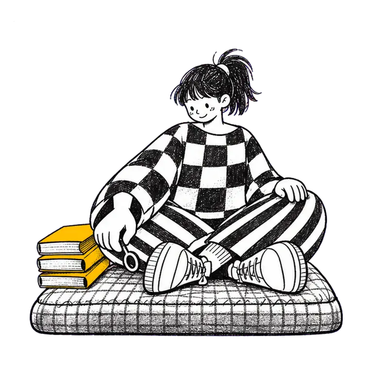 A young woman in a checked sweater sits cross-legged on a cushion blowing a soap bubble beside a stack of closed books.