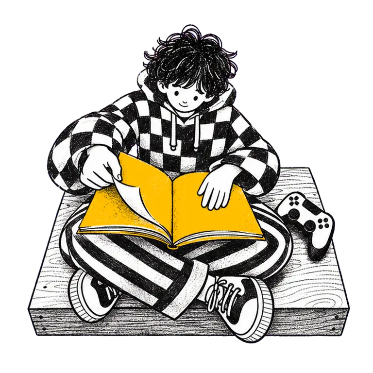 A teenager in a checked hoodie sits cross-legged on a wooden block turning pages of a big book, a game controller beside them.