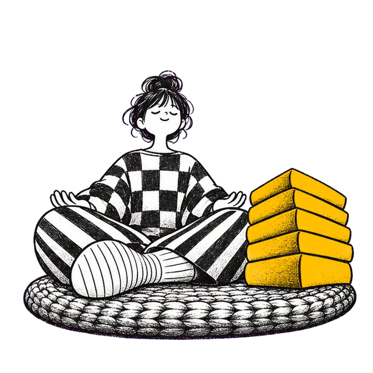 A calm student sits cross-legged on a mat, raising and lowering her arms as she breathes beside a stack of closed books.