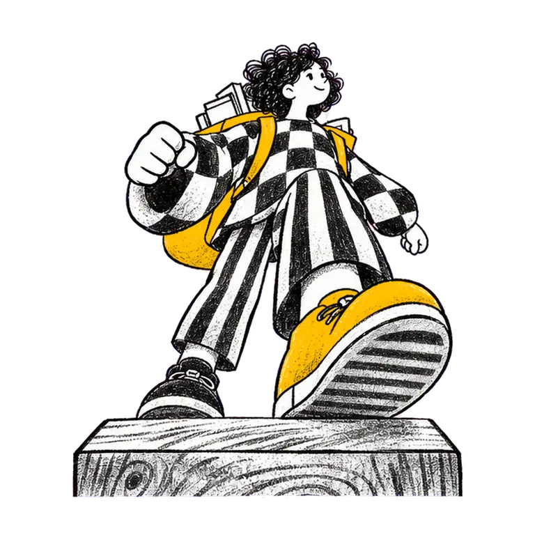 Low-angle drawing of a curly-haired student in a checked jacket striding forward with a backpack full of books.