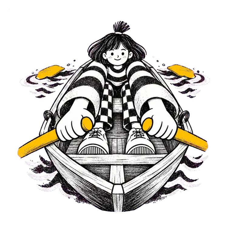 A calm student in a striped jumper rows a small wooden boat through choppy waves, pulling two oars in a steady loop.
