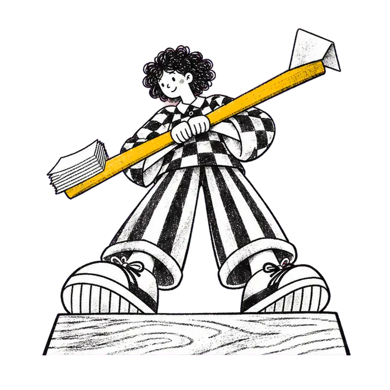 A curly-haired student on a wooden step tips a long beam back and forth, a card stack on one end, a folded sheet on the other.