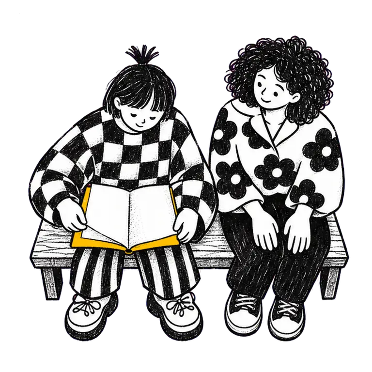 A teenage girl on a wooden bench turns pages of an open notebook while a young adult sits beside her, smiling.