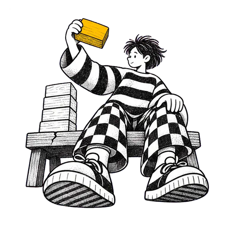 A teenager on a wooden bench lifts a yellow block, sets it on a short stack of white blocks, then lifts it off again.