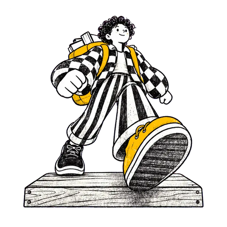 A curly-haired student in a checked jacket walks toward the viewer on a wooden block, carrying a rucksack full of books.