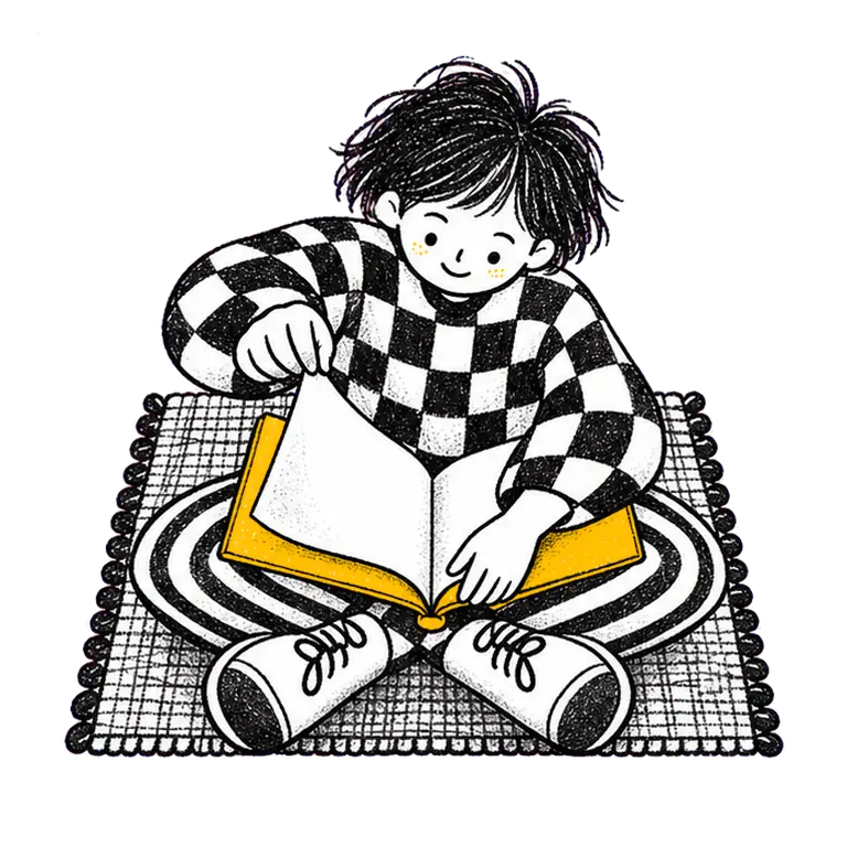 A child in a checked jumper sits cross-legged on a woven mat, turning the pages of an open notebook on their lap.
