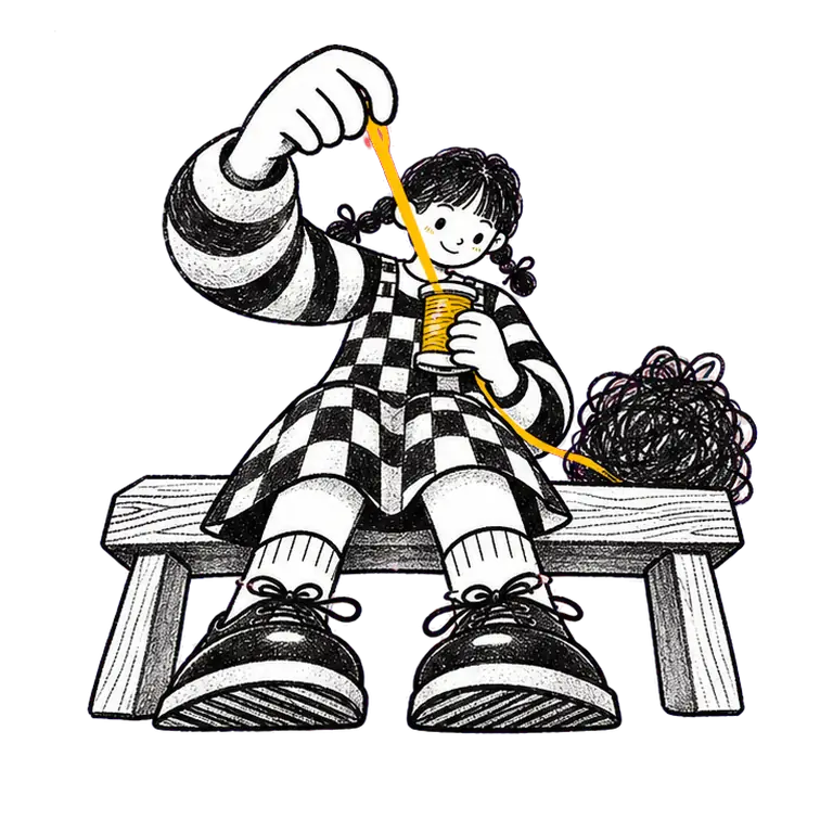 A girl in a striped jumper sits on a wooden bench, winding a thread from a black tangle onto a spool.