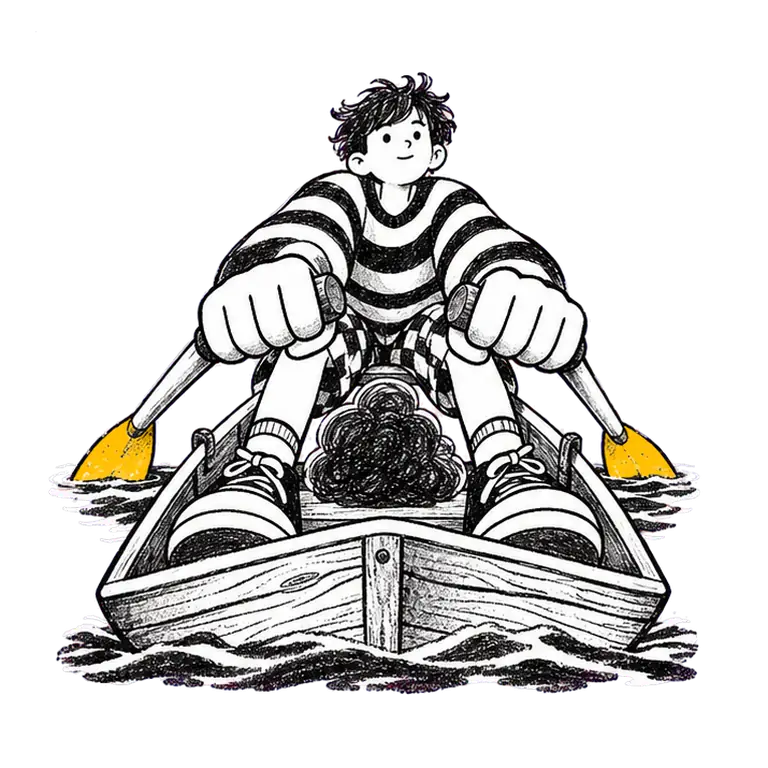 A boy in a striped jumper rows a small wooden boat toward the viewer, a dark scribbled cloud sitting in the boat with him.