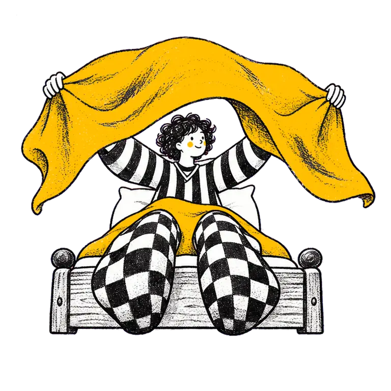 A smiling student in striped pyjamas sits up in bed, flicking a blanket into the air and letting it settle over the legs.