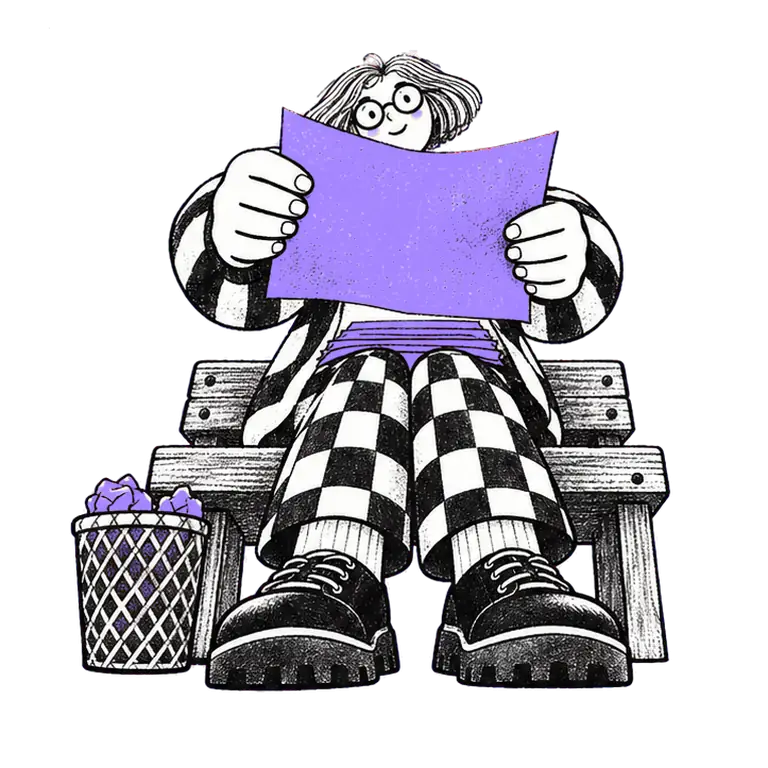 An older woman on a bench crumples a practice sheet and tosses it into a wastebasket.