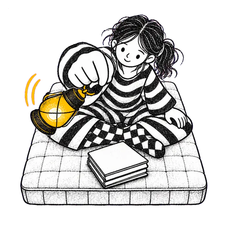 A teenage girl in striped pyjamas sits cross-legged on a mattress, swinging a lantern above a stack of closed notebooks.