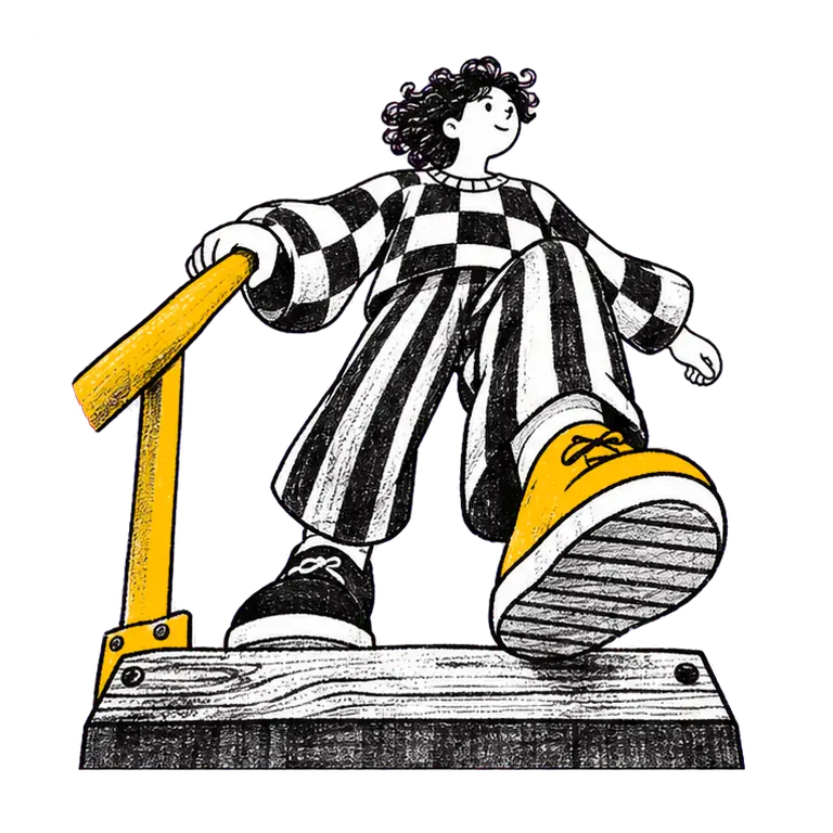 A curly-haired student in a checked sweater steps up onto a wooden step, one hand on a handrail bolted to it.