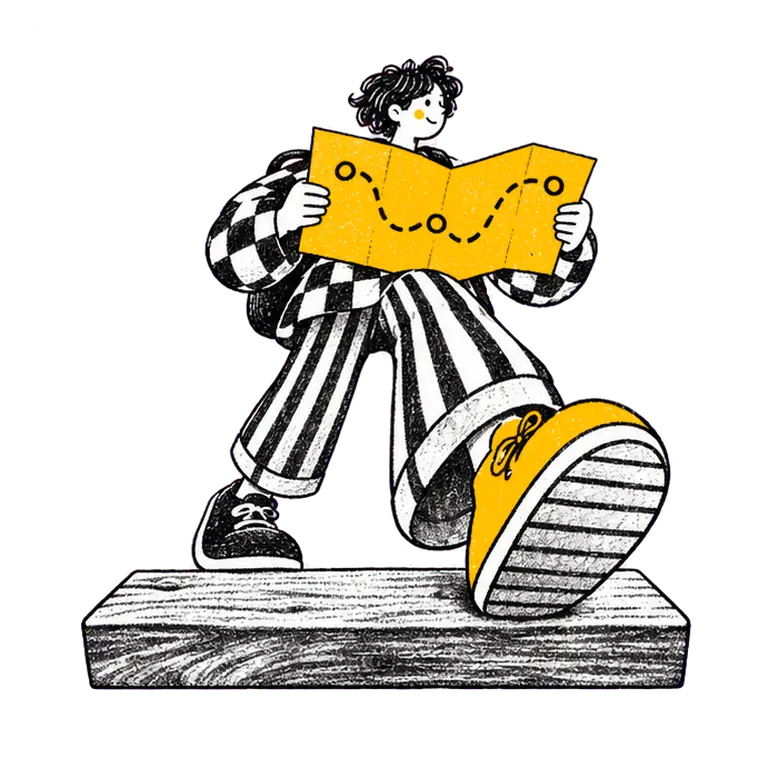 A student in a checked jacket and striped trousers walks on a wooden plank, reading an open map with a dotted path.