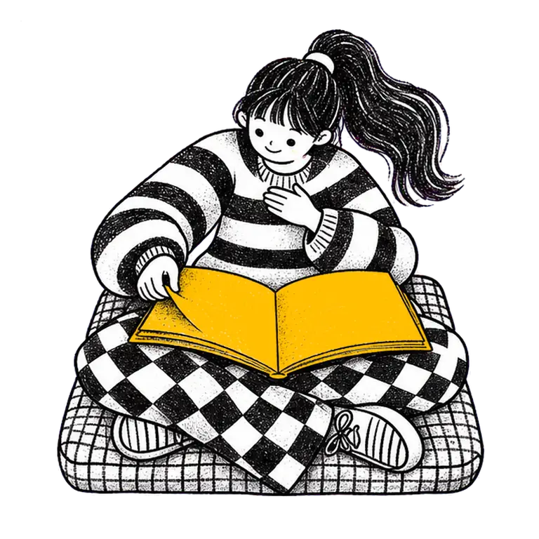 A calm girl sits cross-legged on a cushion, one hand on her chest, turning the pages of a big open notebook.