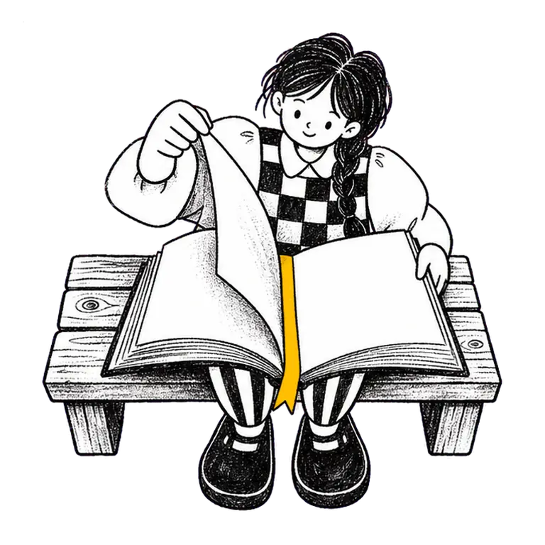 A girl in a checked pinafore sits on a wooden bench turning the pages of a large open book with a ribbon bookmark.
